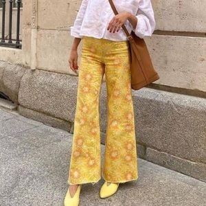 NWT Zara Marine Straight Floral Wide Leg Jeans